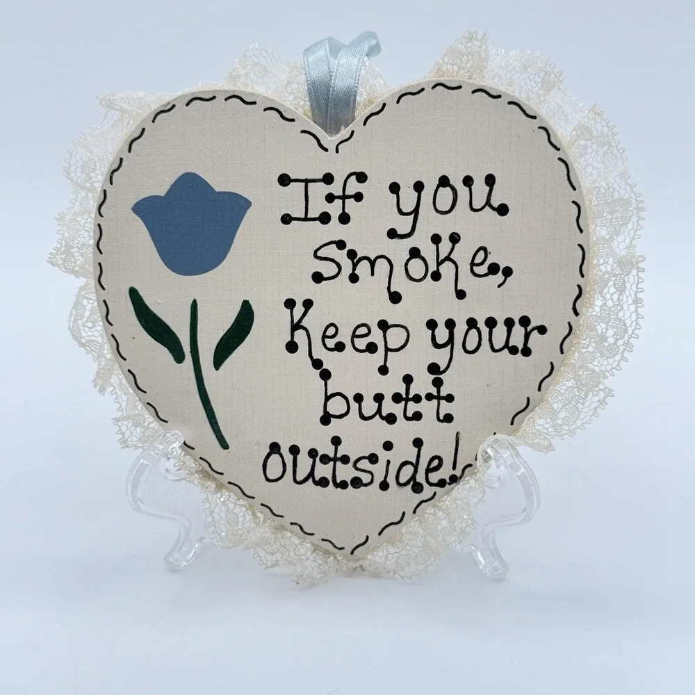 Vintage 80's 90's Wood Blue Country Heart NO SMOKING Funny Wall Decor Flower
